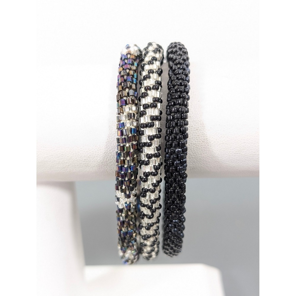 Lily & Laura Set of 3 Roll On Beaded Bracelets Black Gray Stack